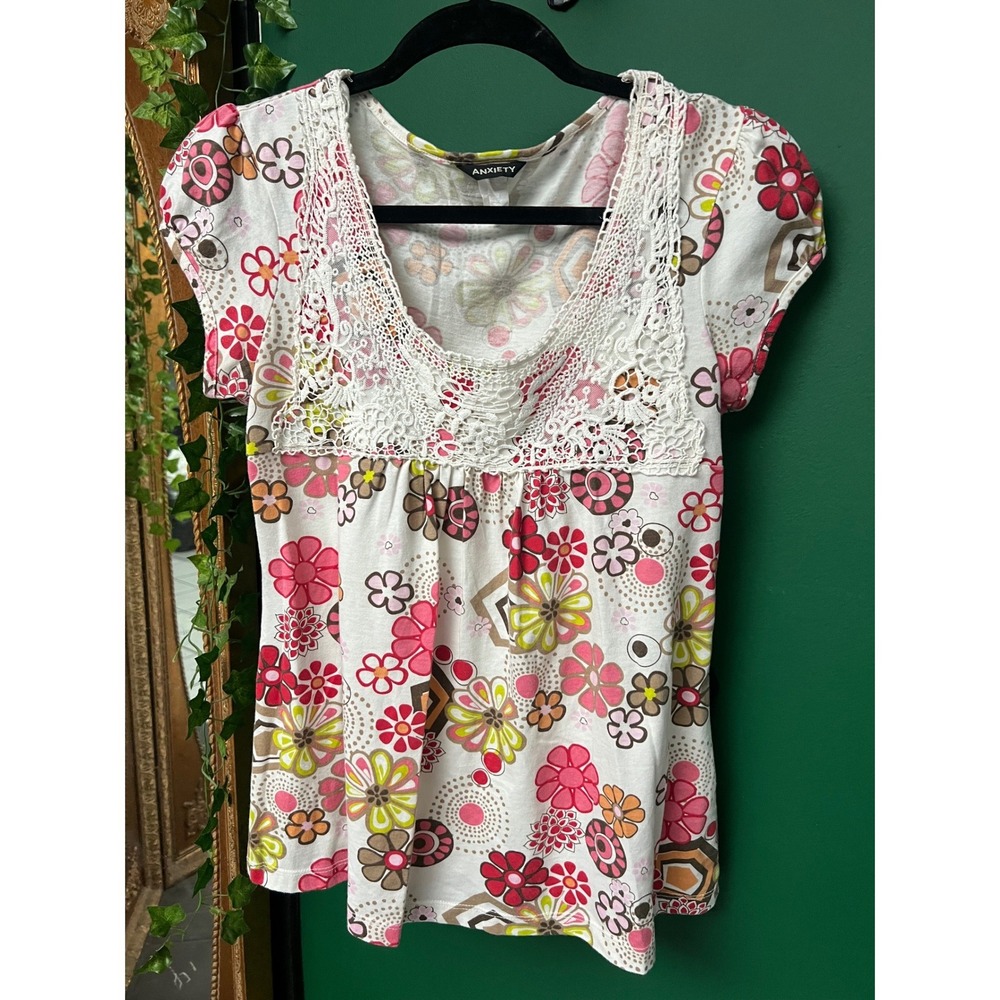 Y2K Pink Floral Babydoll Top Crochet Lace Scoop Neck Cap Sleeve Womens Medium